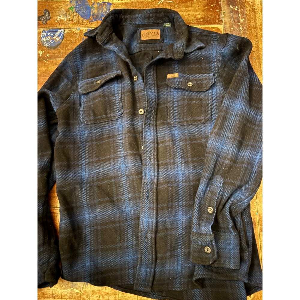 Orvis Mens Blue Black Buffalo Plaid Flannel Shirt Jacket Size Medium Heavyweight
